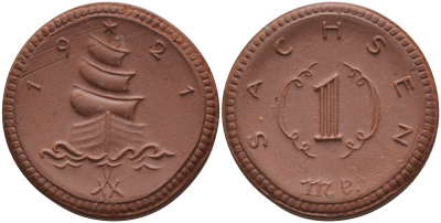 Саксония 1 марка 1921 парусник J. N 55 фарфор 1094-4-12