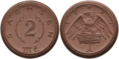Саксония 2 марки 1921 J. N 56 фарфор 1094-1-72