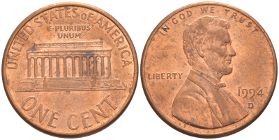 США 1 ЦЕНТ 1994 D, ЛИНКОЛЬН KM 201b цинк плакированный медью UNC 188-247