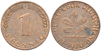 ФРГ 1 пфенниг 1970 J KM 105, J.380 сталь плакированная медью 4174-619