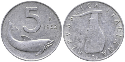 Италия 5 лир 1953 R, дельфин, плуг KM 92 алюминий 100-536