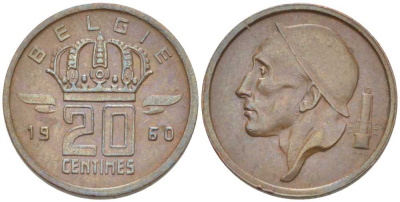 БЕЛЬГИЯ 20 САНТИМОВ 1960 BELGIE KM 147.1 бронза 201-1246