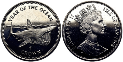 Остров Мэн 1 крона 1998 год океанов, гигантская акула КМ 896 медно-никель UNC M80-12