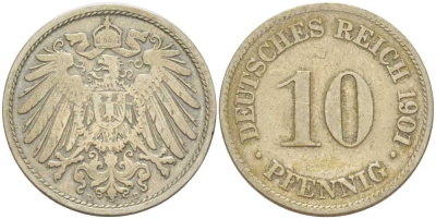 Германия 10 пфеннигов 1901 D KM 12, J. 13, Weege 8 медно-никель 259-816