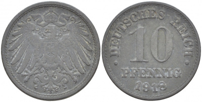 ГЕРМАНИЯ 10 ПФЕННИГОВ 1918 KM 26, J. 299 цинк 4539-1024