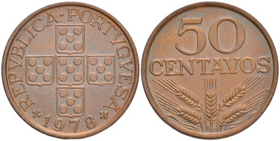 ПОРТУГАЛИЯ 50 СЕНТАВО 1978 KM 596 бронза 4561-632