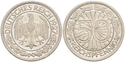 Германия 50 рейхспфеннигов 1927 A KM 49, J. 324 никель 73-142