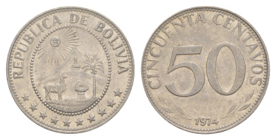 Боливия 50 сентаво 1974 KM 190 сталь плакированная никелем 4654-725