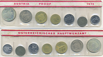 Австрия набор из 7 монет  1973  2, 5, 10, 50 грошей, 1, 5, 10 шиллингов, в целлофане KM PS 27   PROOF  4399-2-1
