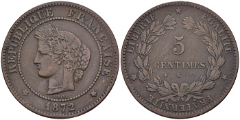 ФРАНЦИЯ 5 САНТИМОВ 1872 К, ТРЕТЬЯ РЕСПУБЛИКА (1871-1940) KM 821.2, LE FRANC 118.7 бронза 28-553