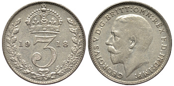 Великобритания 3 пенса 1918 Георг V (1910-1936) KM 813, Spink 4015 серебро 4528-461