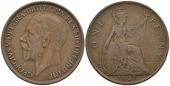 Великобритания 1 пенни 1927 Георг V (1910-1936) КМ 826, Spink 4054 бронза 4607-1043