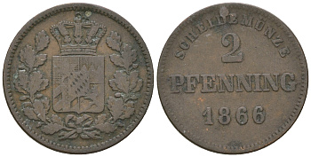 Бавария 2 пфеннига 1866 Людвиг II (1864-1886) KM 472 медь 4679-952