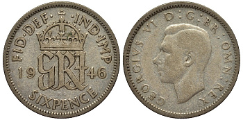 Великобритания 6 пенсов 1946 Георг VI (1936-1952) KM 852, Spink 4084 серебро 4538-635