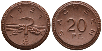 Саксония 20 пфеннигов 1921 колосья и серп J. N 53 фарфор UNC 1094-8-73