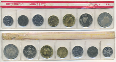 Австрия набор из 7 монет  1975  2, 5, 10, 50 грошей, 1, 5, 10 шиллингов, в целлофане KM PS 33 PROOF 4399-4-3