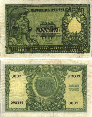 Италия 50 лир 1951 Афина Pick 91a бумага 7484-51-2-2