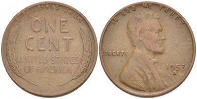 США 1 ЦЕНТ 1953 D ЛИНКОЛЬН KM A132 медь цинк 3309-238