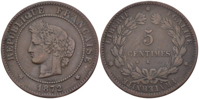 ФРАНЦИЯ 5 САНТИМОВ 1872 К, ТРЕТЬЯ РЕСПУБЛИКА (1871-1940) KM 821.2, LE FRANC 118.7 бронза 28-553