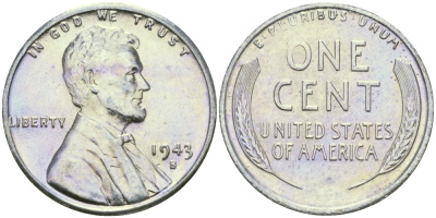 США 1 цент 1943 S (Сан-Франциско), Авраам Линкольн KM 132 a сталь плакированная цинком 96-1213
