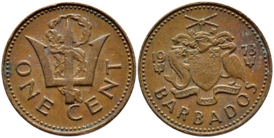 Барбадос 1 цент 1973 сломанный трезубец Британии KM 10 бронза 4396-1237