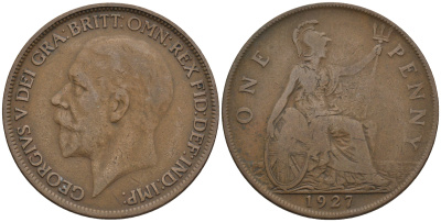 Великобритания 1 пенни 1927 Георг V (1910-1936) КМ 826, Spink 4054 бронза 4607-1043