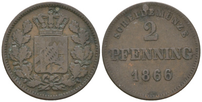 Бавария 2 пфеннига 1866 Людвиг II (1864-1886) KM 472 медь 4679-952