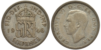 Великобритания 6 пенсов 1946 Георг VI (1936-1952) KM 852, Spink 4084 серебро 4538-635