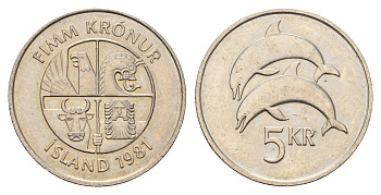 Исландия 5 крон 1981 дельфины KM 28 медно-никель UNC 4591-247