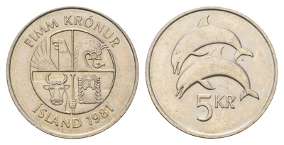 Исландия 5 крон 1981 дельфины KM 28 медно-никель UNC 4591-247