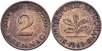 ФРГ 2 ПФЕННИГА 1969 D KM 106a, Jager 381a сталь плакированная сталь плакированная медьюю 4546-953