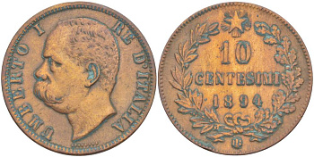 Италия 10 чентезимо 1894 B/I, Умберто I (1878-1900) KM 27.1 медь 4526-1021