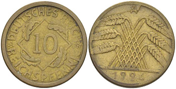 ГЕРМАНИЯ 10 РЕЙХСПФЕННИГОВ 1924 A KM 40, J. 317, Weege 9 алюминиевая бронза 210-341
