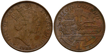 Остров Мэн 1 пенни 1988 AA, токарный станок, Елизавета II (1953-) KM 207 бронза 4602-828