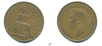 Великобритания 1 пенни 1940 Георг VI (1936-1952) KM 845, Spink 4114 бронза 4383-716