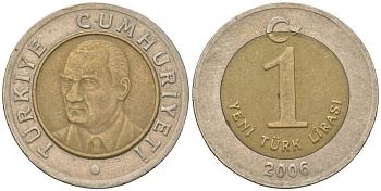 Турция 1 новая лира 2006 KM 1169 биметалл 4610-1144