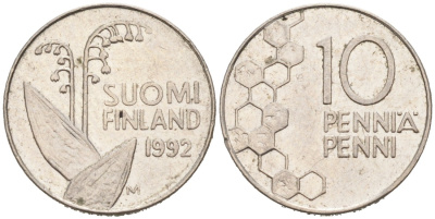 Финляндия 10 пенни 1992 М KM 65 медно-никель 192-1141