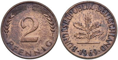 ФРГ 2 ПФЕННИГА 1969 D KM 106a, Jager 381a сталь плакированная сталь плакированная медьюю 4546-953