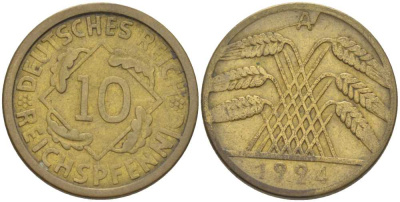 ГЕРМАНИЯ 10 РЕЙХСПФЕННИГОВ 1924 A KM 40, J. 317, Weege 9 алюминиевая бронза 210-341
