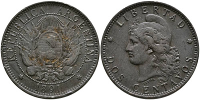 Аргентина 2 сентаво 1891 голова свободы влево KM 8 бронза 4531-1033