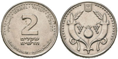 Израиль 2 новых шекеля 2008 JE 5768 KM 433 сталь плакированная никелем aUNC 4606-945