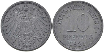 ГЕРМАНИЯ 10 ПФЕННИГОВ 1921 (1917-1922) KM 26, J. 299, Weege 8 цинк 210-313