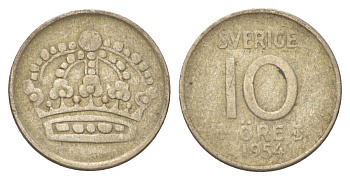 Швеция 10 эре 1954 Густав VI Адольф (1950-1973) KM 823 серебро 4625-425