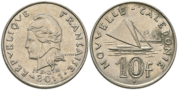 Французская Новая Каледония 10 франков 2011 рыбачья парусная лодка, (IEOM) KM 11a, Schoen 13a, Lec 99k медно-никель 65-125