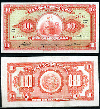 Перу 10 солей 1965 сидящая свобода, American Bank Note Company Pick 88  бумага  аUNC  444-118-2-2