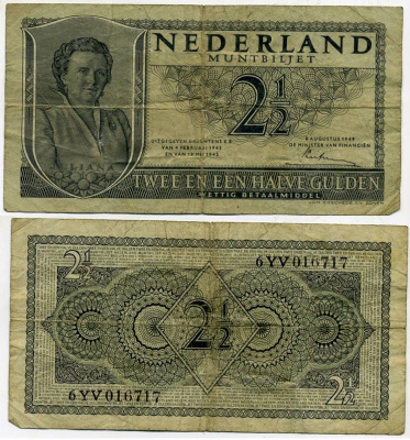 Нидерланды 2 1/2 гульдена 1949 8 августа 1949, Юлиана Pick 73 бумага 450-60-2-2