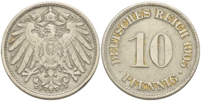 Германия 10 пфеннигов 1905 F KM 12, J. 13 медно-никель 175-215