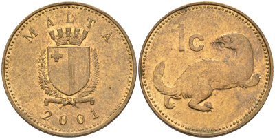 Мальта 1 цент 2001 ласка, горностай KM 93 никель латунь 4585-1248
