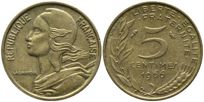 ФРАНЦИЯ 5 САНТИМОВ 1966 ТИП MARIANNE KM 933, LE FRANC 125.2 алюминиевая бронза 176-631