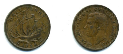 Великобритания 1/2 пенни 1944 Георг VI (1936-1952) KM 844, Spink 4115 бронза 35-537
